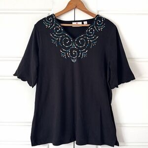 Quacker Factory Embellished Tee Womens Large Black Jewels Scalloped Sleeves Top